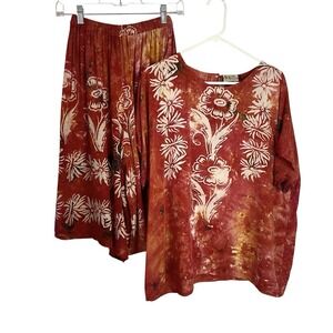 Vintage Lady Cactus Womens Shorts Top Set Size M Red Batik Floral Handmade